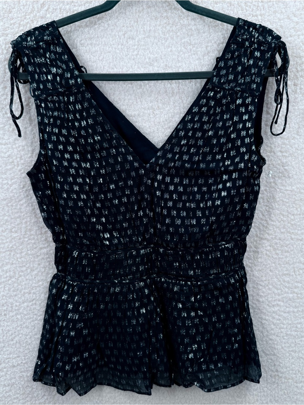 Parker Peplum Top Women XS Navy Silver Metallic Tie Shoulder V-Neck NEW